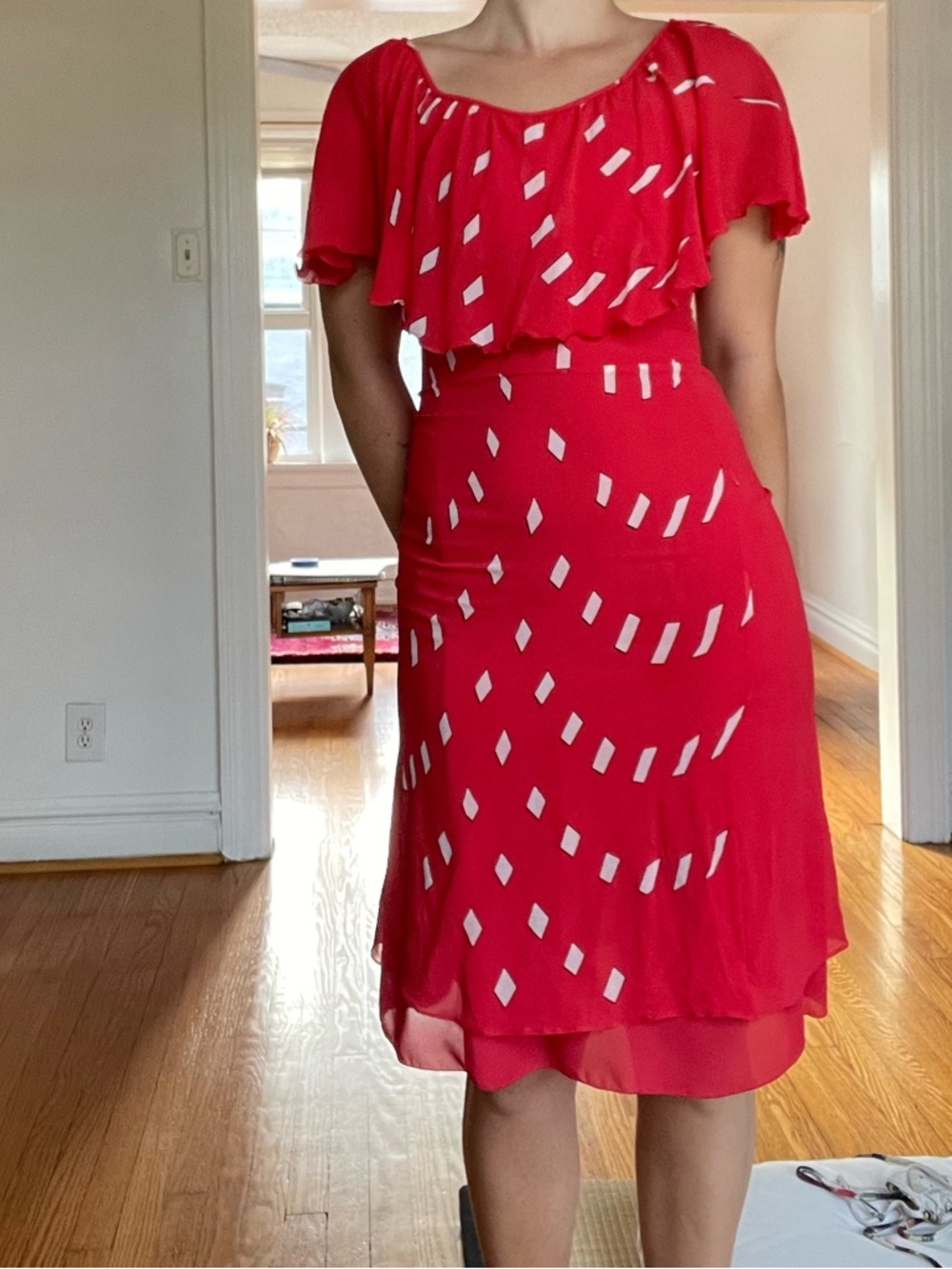 Armani Collezioni Red Patterned Ruffle-Neck Dress